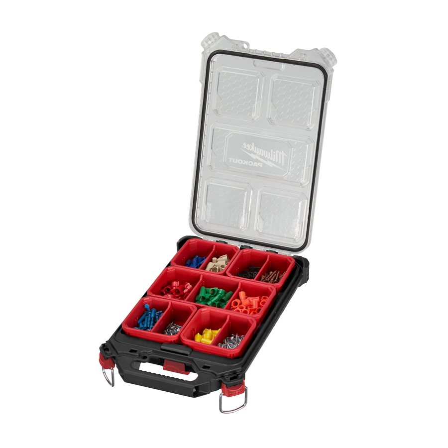 Milwaukee PACKOUT kovček organizator slim polovični pri delu