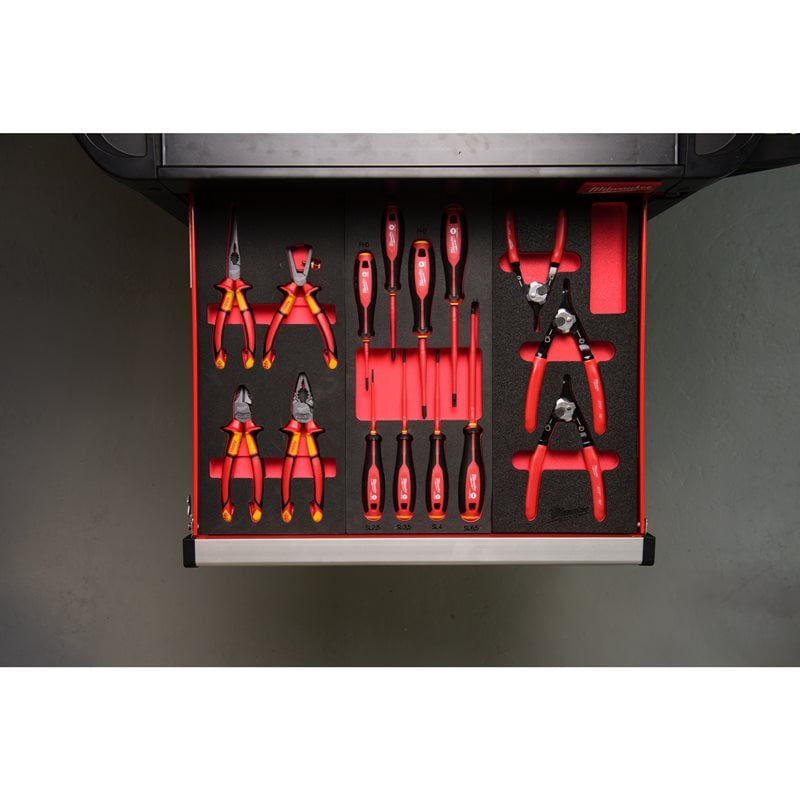 Milwaukee Pěnová vložka sada kleští VDE 4ks - boční štípací 160mm, pro mechaniku 205mm, kombinované 180mm, odizolovací 160mm