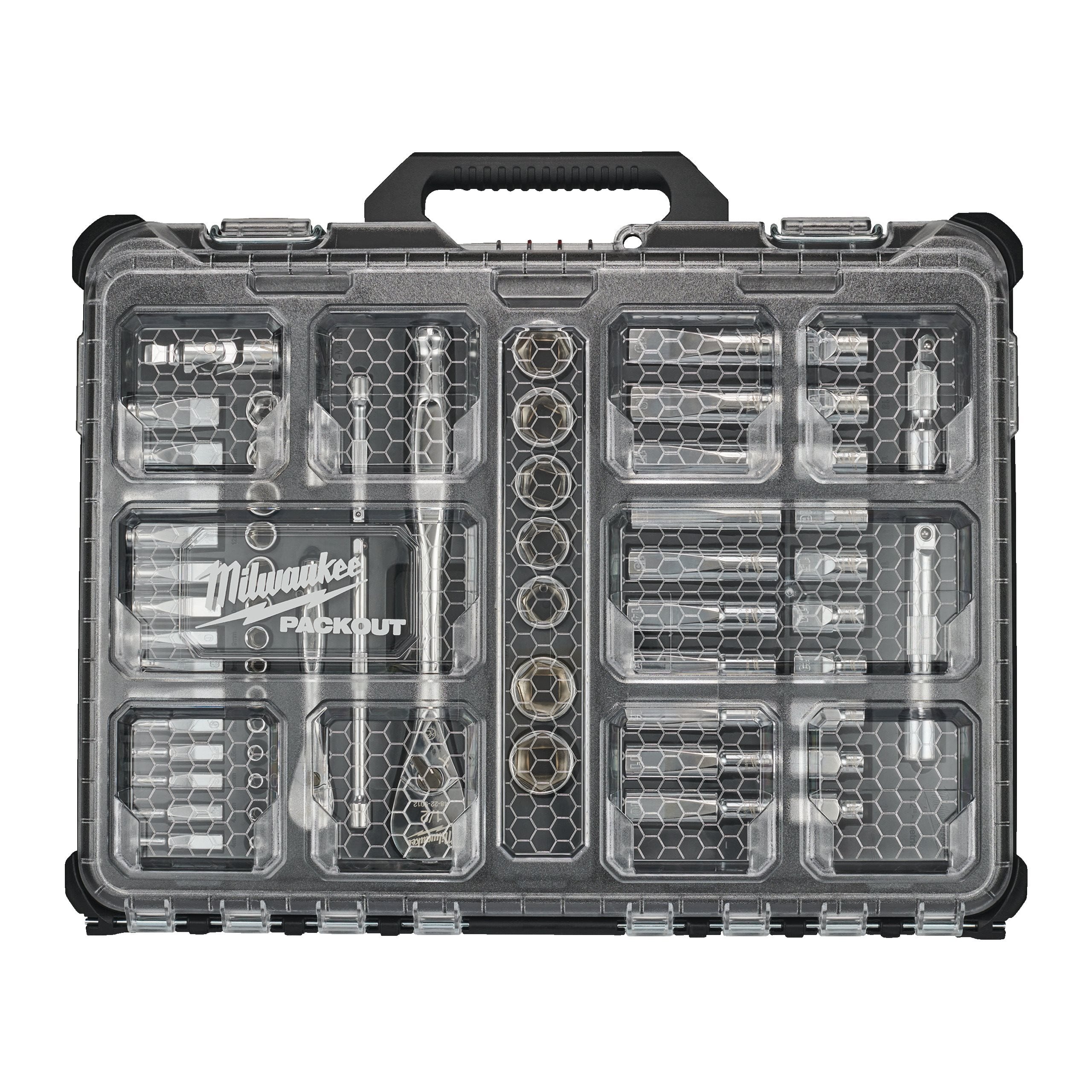 Milwaukee Juego de 63 piezas con vasos y carraca de ¼″ y ½″ en organizador Slim compacto PACKOUT™ · 4932493661