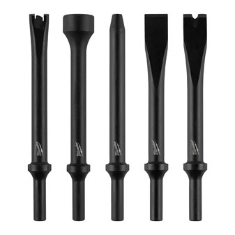 5 Piece chisel set with 10mm round shank, includes a flat chisel, round hammer, tapered punch, slotted sheet metal ripper, and a spot weld breaker<br/>Flat Chisel for removing fasteners, separating parts, and controlled shearing<br/>Round hammer chisel for hammering fastenersSlotted metal ripper chisel for ripping sheet metal and breaking rust<br/>Tapered punch with a 8mm taper for driving out pins and bolts<br/>Slotted metal ripper chisel for ripping sheet metal<br/>Spot weld breaker chisel for removing spot welds